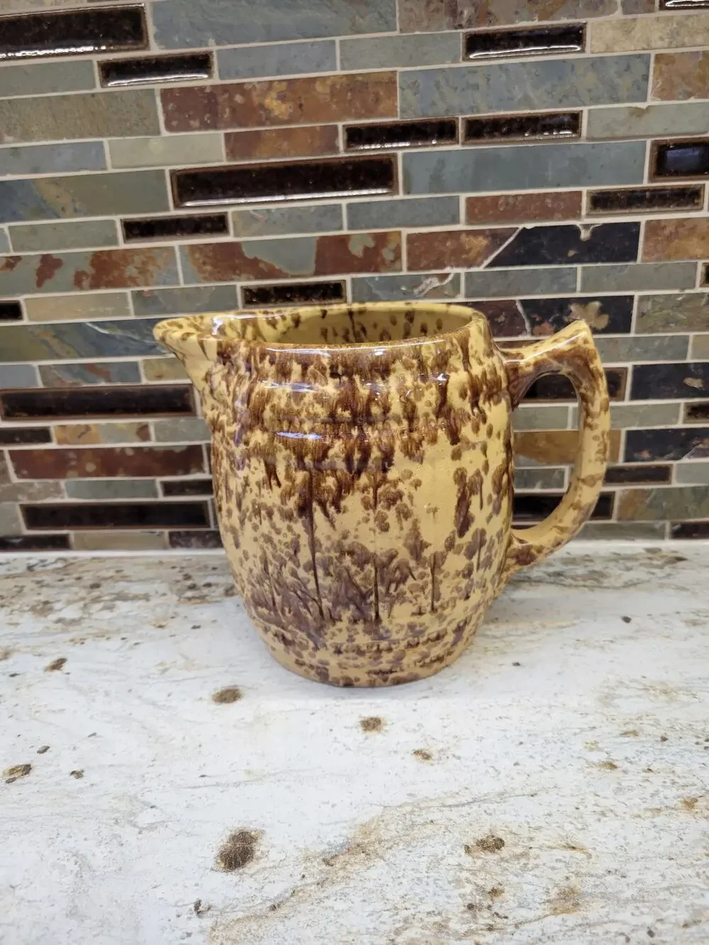 Antique Morton Potteries Spongeware Yellowware Barrel Pitcher Woodland Glaze